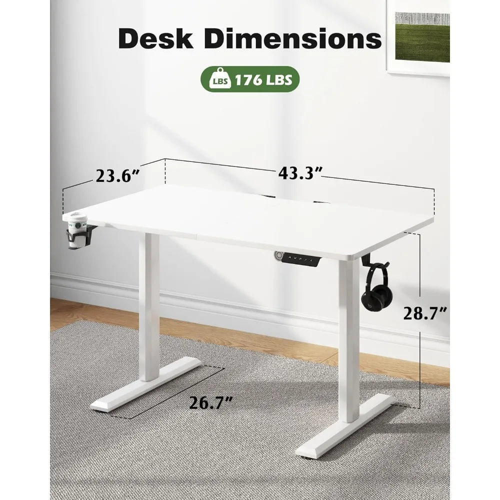 43x24 Inches Electric Standing Desk | Mobile PC Setup Desk | White Office Computer Table with Accessories ShopOnlyDeal