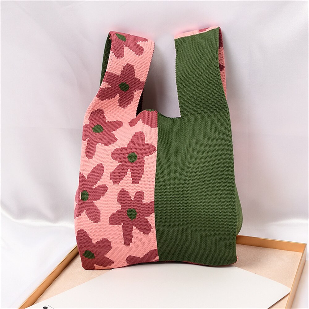 Knitted Tote Bag Wrist Bag Women Boho Bag Casual Shoulder Tote Bag Mini Plaid Knot Wrist Bag Female Reusable Shopping Bags Woven Handbag ShopOnlyDeal
