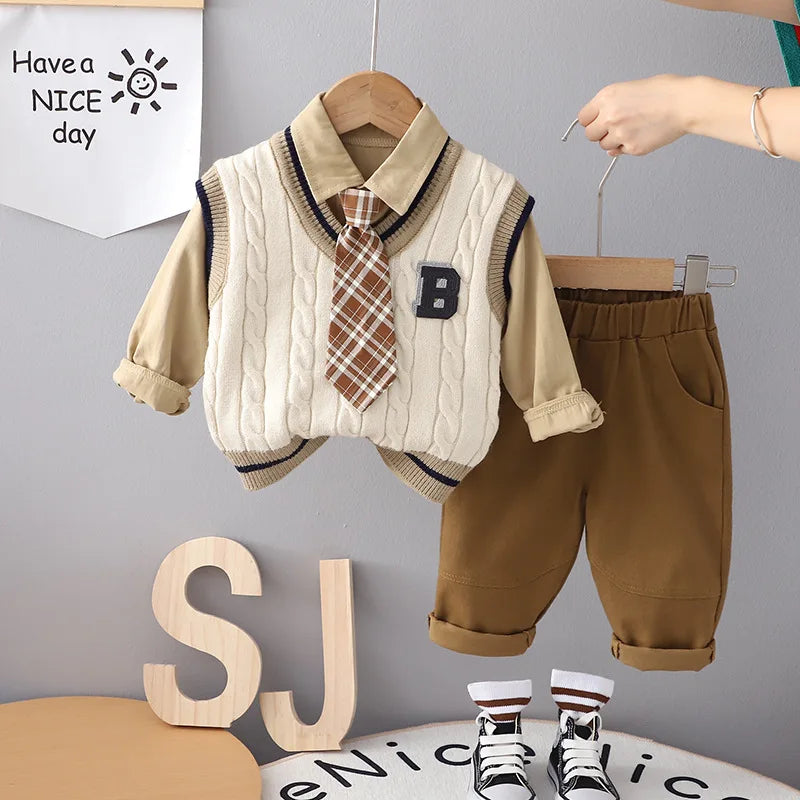 2023 Baby Boys Clothing Kids Sweater 3pcs Set Children  Cardigan Vest Long Sleeve Shirts Jeans Pants Boys Clothes Boys Outfit ShopOnlyDeal