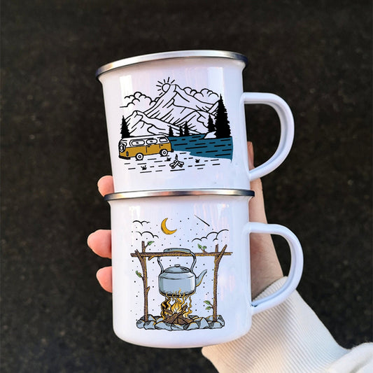 Caravan Printed Camper Mugs Camping Enamel Mug  Adventure  Campfire Party Beer Juice Cup Mountain Handle Cups Gifts for Camper ShopOnlyDeal