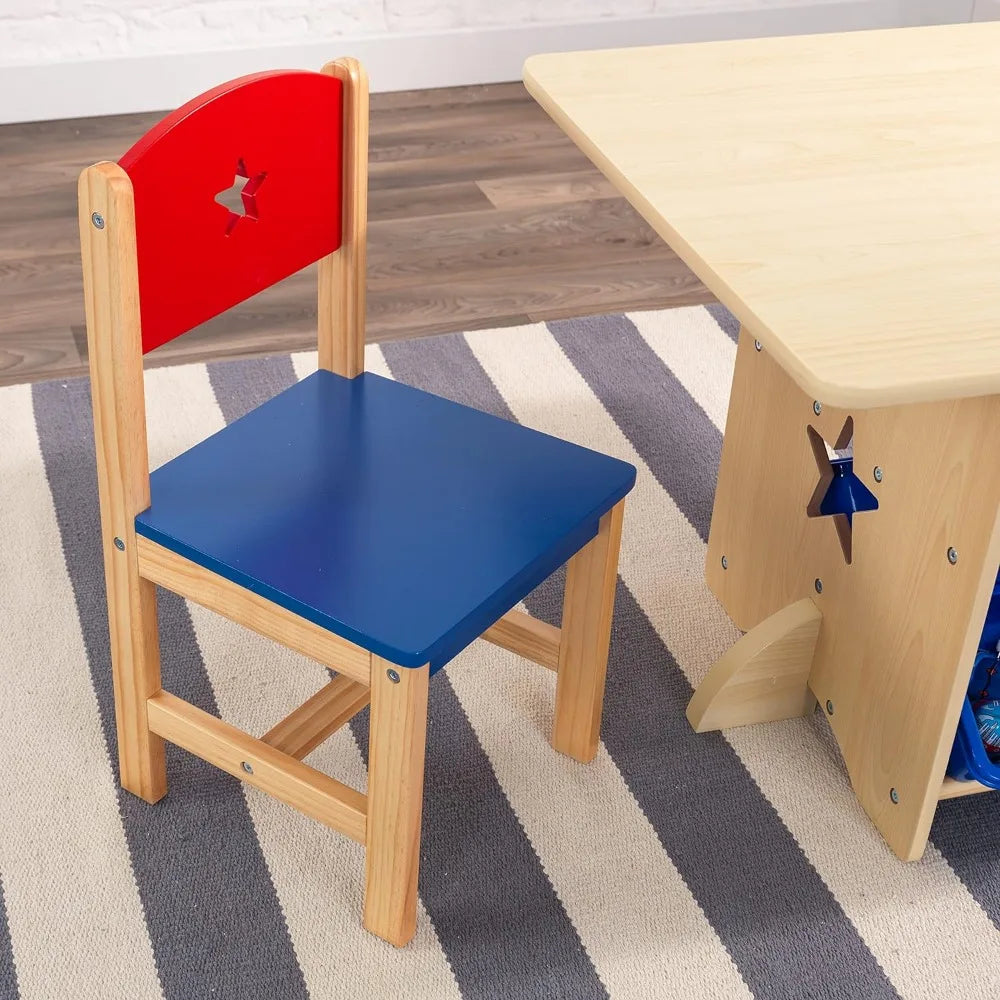 Wooden Star Table & Chair Set with 4 Storage Bins, Children's Furniture – Red, Blue & Natural ShopOnlyDeal