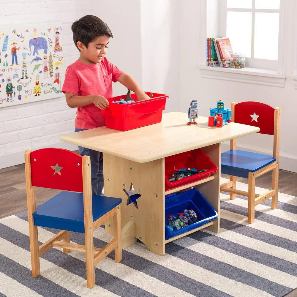 Wooden Star Table & Chair Set with 4 Storage Bins, Children's Furniture – Red, Blue & Natural ShopOnlyDeal