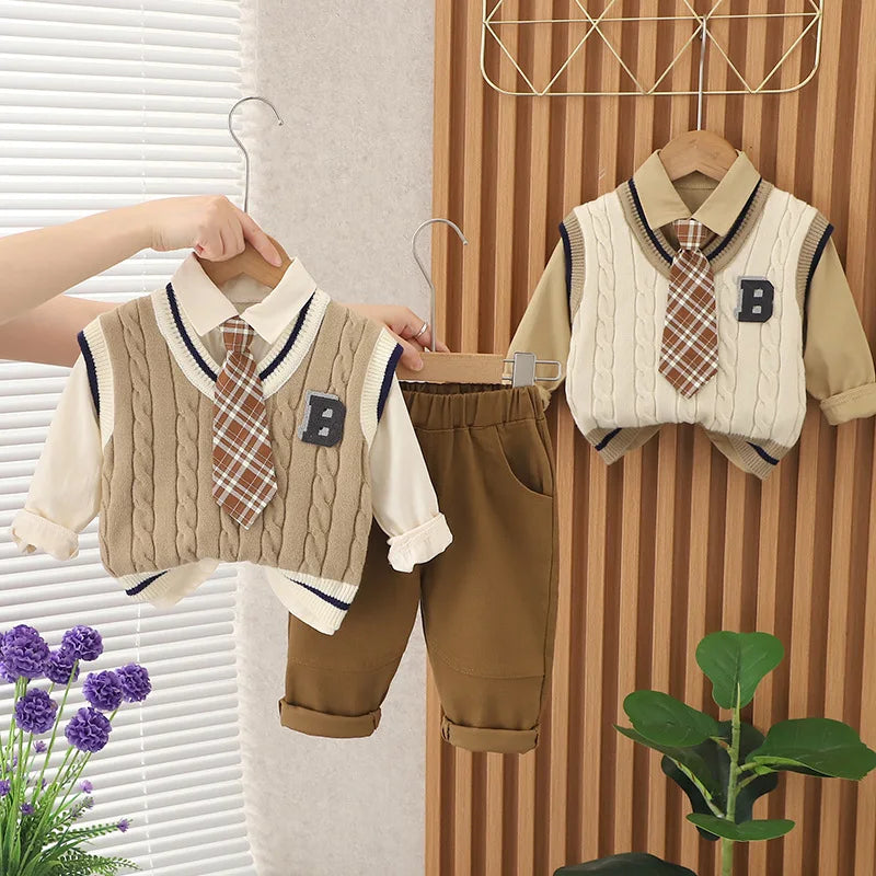 2023 Baby Boys Clothing Kids Sweater 3pcs Set Children  Cardigan Vest Long Sleeve Shirts Jeans Pants Boys Clothes Boys Outfit ShopOnlyDeal