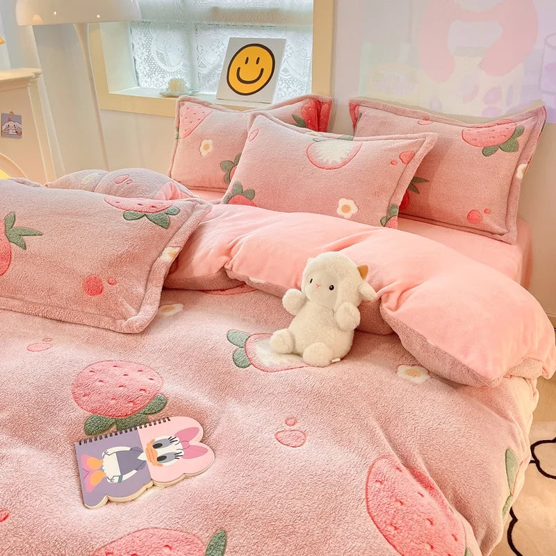 Luxury Plush Bedding Set - Embrace Winter's Warmth in Style - Luxury Autumn Winter Warm Thick Bedding Set Plush Kawaii Mink Velvet Queen Duvet Cover Set with Sheets Single Double Pillowcases ShopOnlyDeal