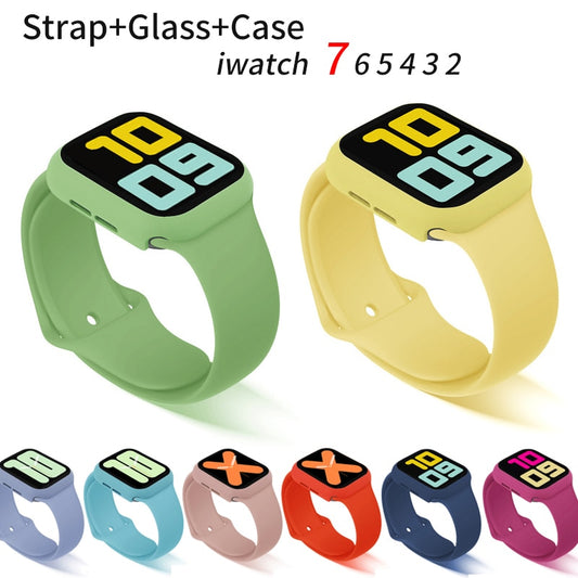 Glass+Case+Strap for Apple Watch 7 6 5 Band 41mm 45mm 44mm 40mm 38mm 42mm Screen Protectors for Apple IWatch Series 7 6 SE 5 3 4 ShopOnlyDeal