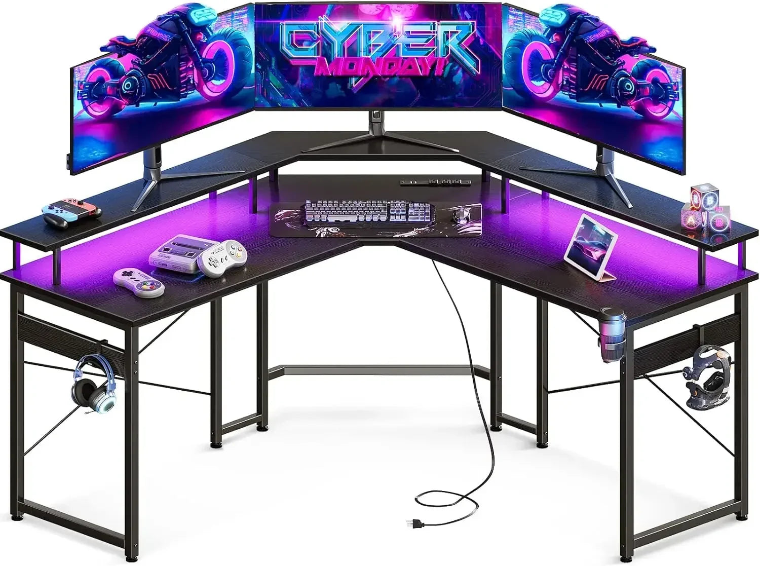 L Shaped Gaming Desk with LED Lights & Power Outlets, 51" Computer Desk with Full Monitor Stand, Corner Desk with Cup Holder ShopOnlyDeal