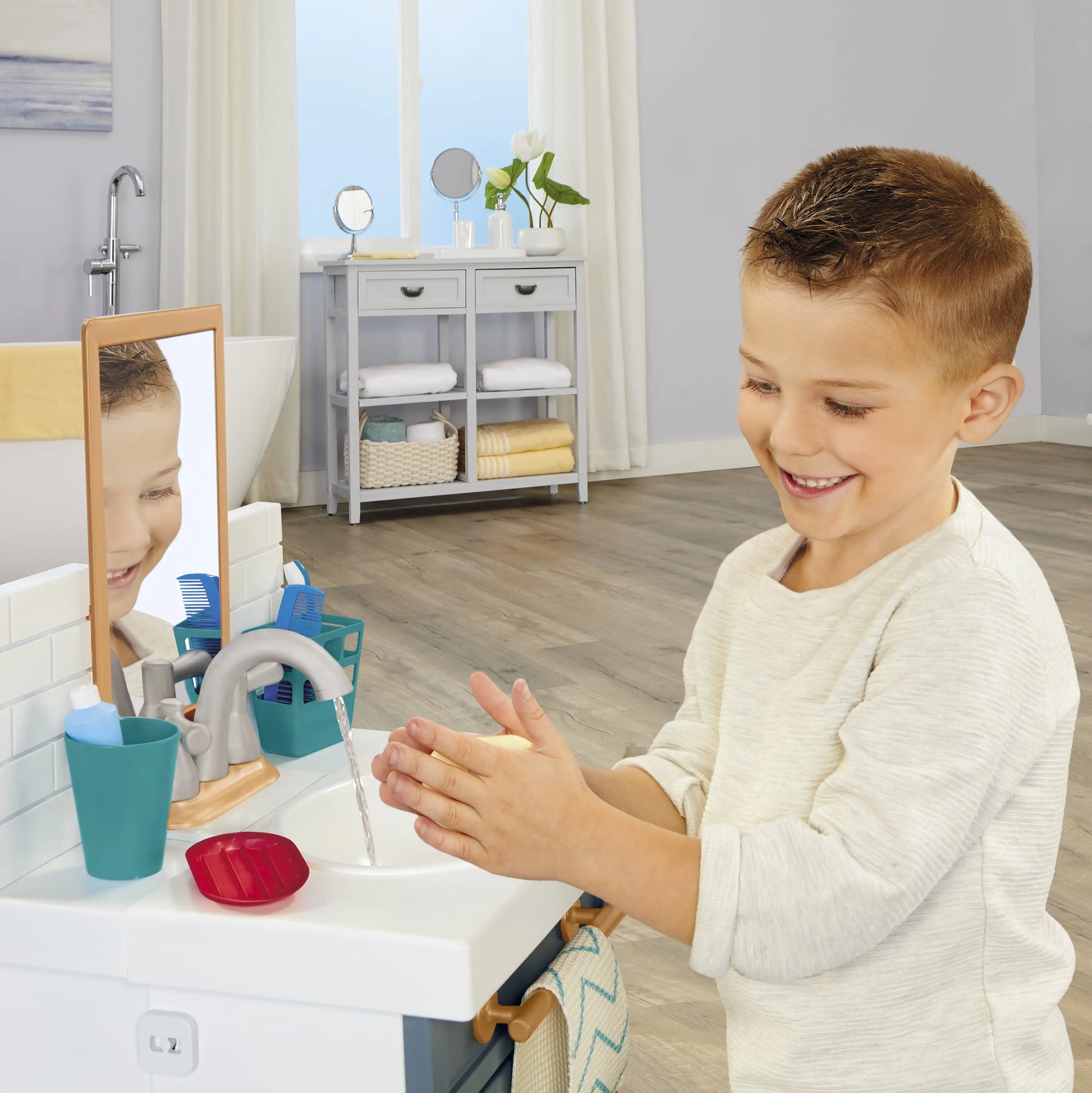 First Bathroom Sink with Real Working Faucet Pretend Play for Kids, 12 Bathroom Accessories ShopOnlyDeal