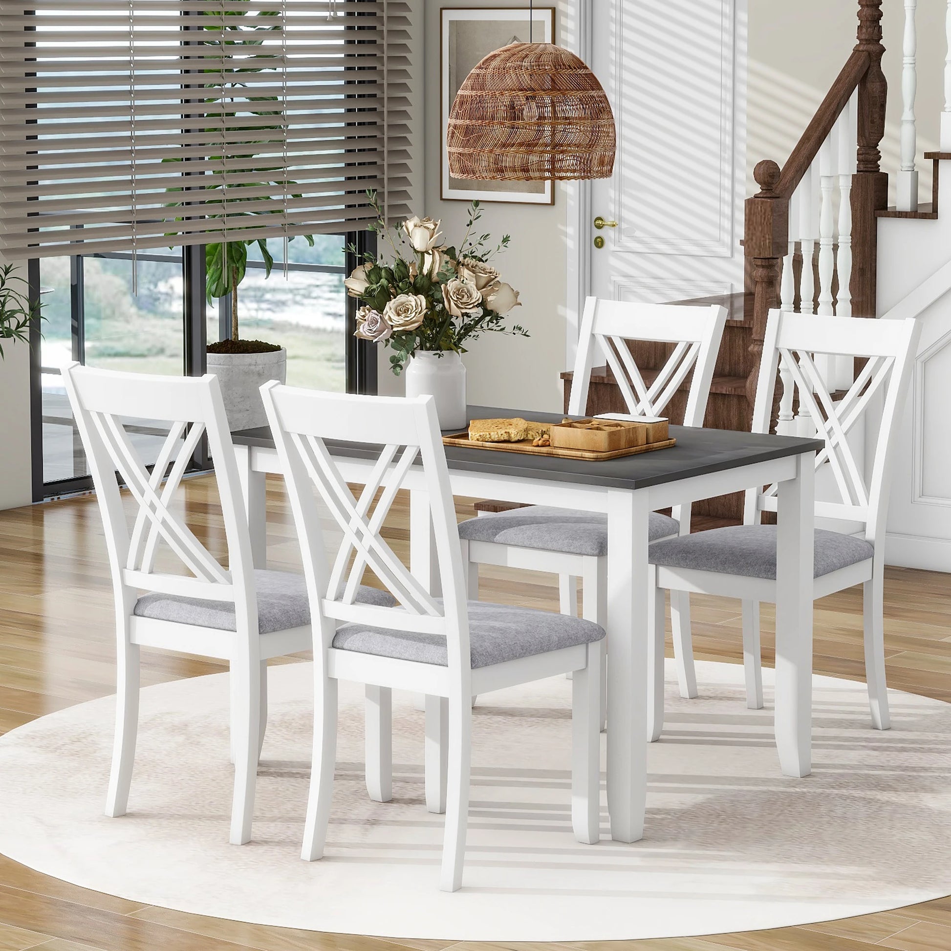 Chic Rustic Minimalist Wood 5-Piece Dining Table Set with 4 X-Back Chairs - Perfect for Small Spaces ShopOnlyDeal