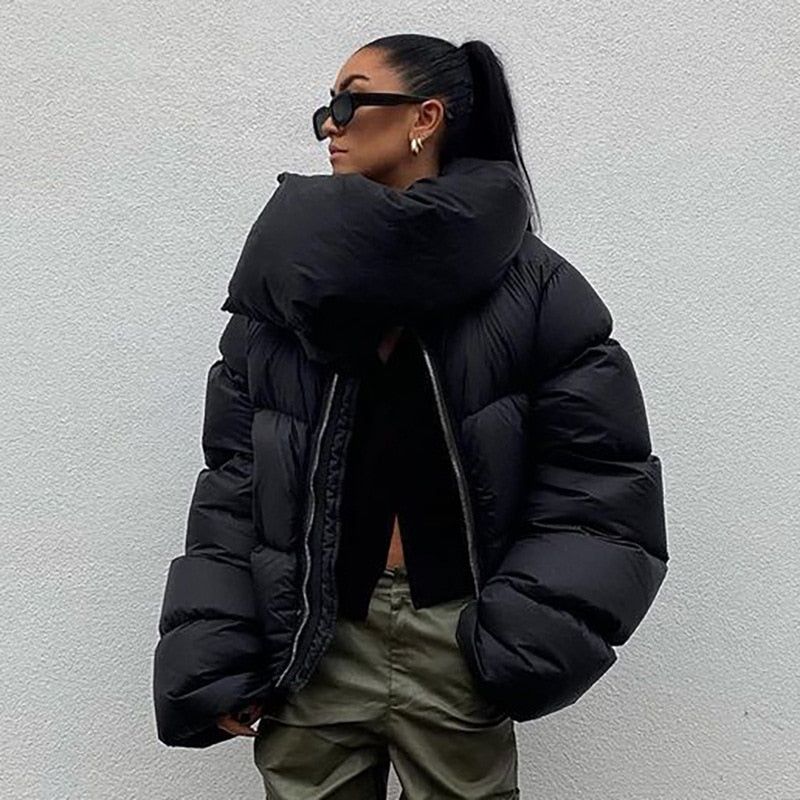 Oversized Black Bubble Coats Women 2022 Fashion Zipper Scarf Collar Puffer Short Jackets High Street Outwear Casual Parka WInter ShopOnlyDeal