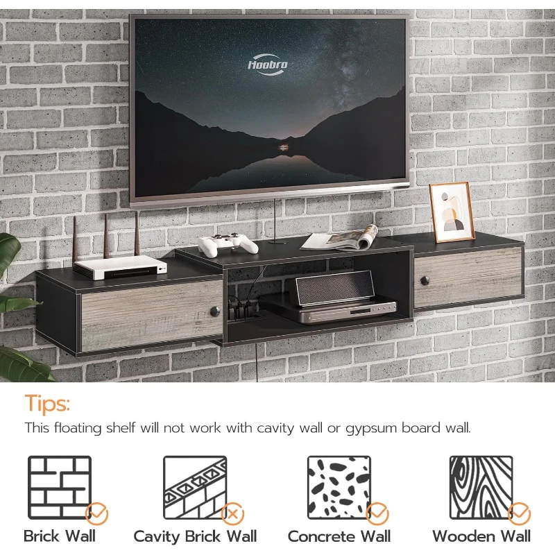 Floating TV Stand with Power Outlets 55", Modern Wall Mounted Media Console Shelf  Doors, Entertainment Center for Un ShopOnlyDeal
