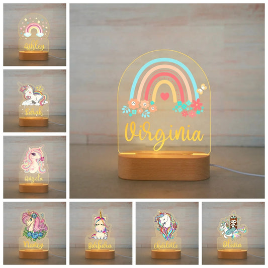 Personalized Unicorn Night Light LED USB 7 Colors Night Light Custom Name Acrylic Lamp Wood Base For Baby Kid Children Bedroom Decor ShopOnlyDeal