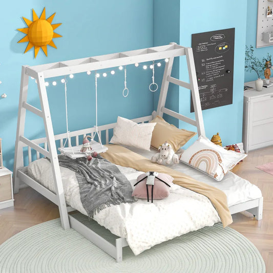 Modern design retractable wooden children's bed with swinging and circular handles, youth bed, double bed, baby crib ShopOnlyDeal