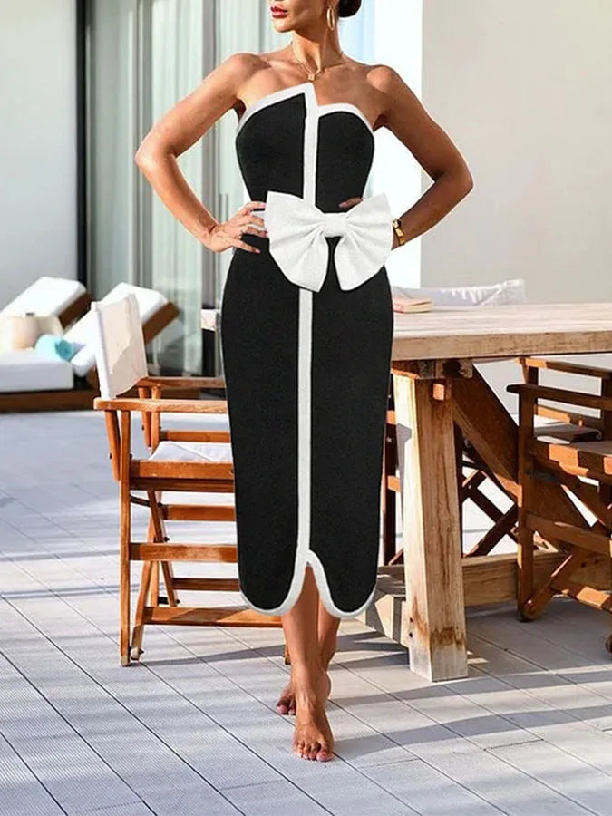 Fashion Female Black One-piece Swimsuit Waist White Edge Bow Tight Sexy Wrap Chest And Long Skirt Cover Up 2023 Newest Style ShopOnlyDeal