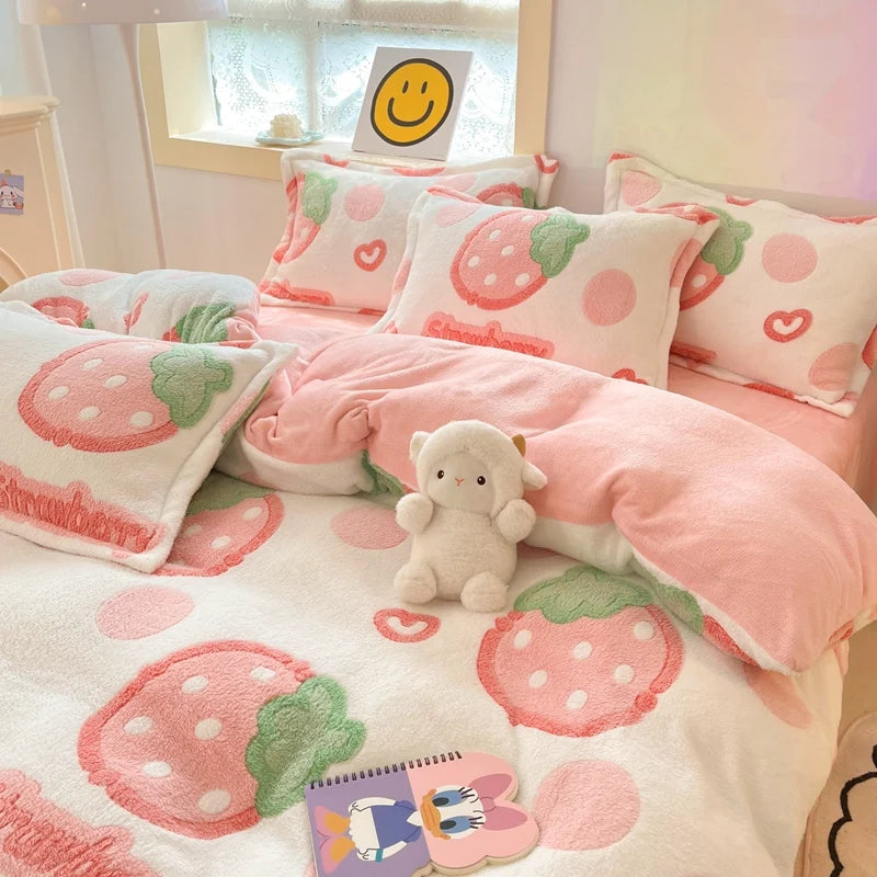 Luxury Autumn Winter Warm Thick Bedding Set Plush Kawaii Mink Velvet Queen Duvet Cover Set with Sheets Single Double Pillowcases ShopOnlyDeal