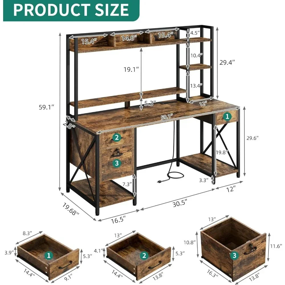 Computer desk with drawers and cabin, 59.1" desk with LED lights and power outlets, gaming desk with monitor stand ShopOnlyDeal