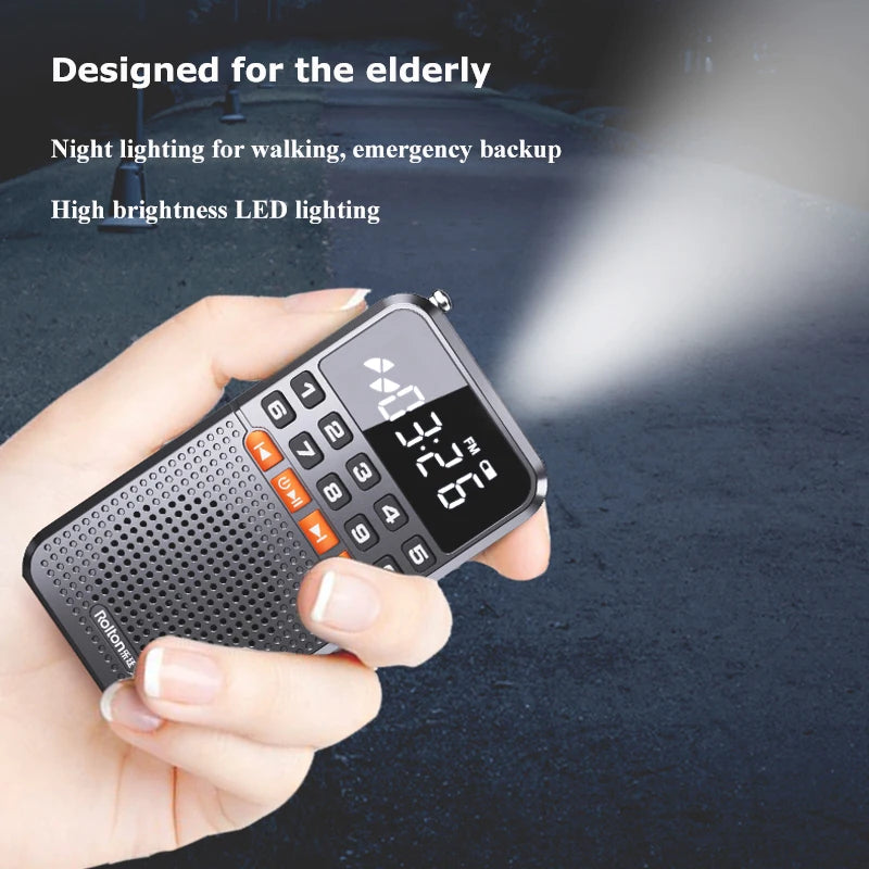 Portable FM Mini Radio Dual Antenna Pocket Radio Receiver Bluetooth 5.0 Speaker TF Card Music Player with LED  Flashlight ShopOnlyDeal