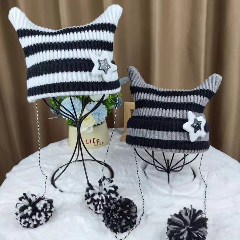 Y2K Cute Star Devil Knitted Beanie Hat Ins Skullies Striped Knitting Wool Cap Autumn Winter Cat Ears Pointed Pullover Women Hats ShopOnlyDeal