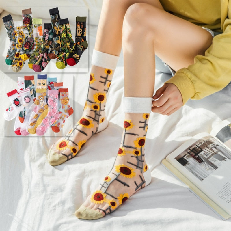 Girls Skirt Socks - Japanese and Korean Style Women's Summer Ultrathin Glass Jacquard Transparent Socks with Creative Fruits Silk Trend Print, Perfect for Trendsetters and Fashion-Forward Individuals! ShopOnlyDeal