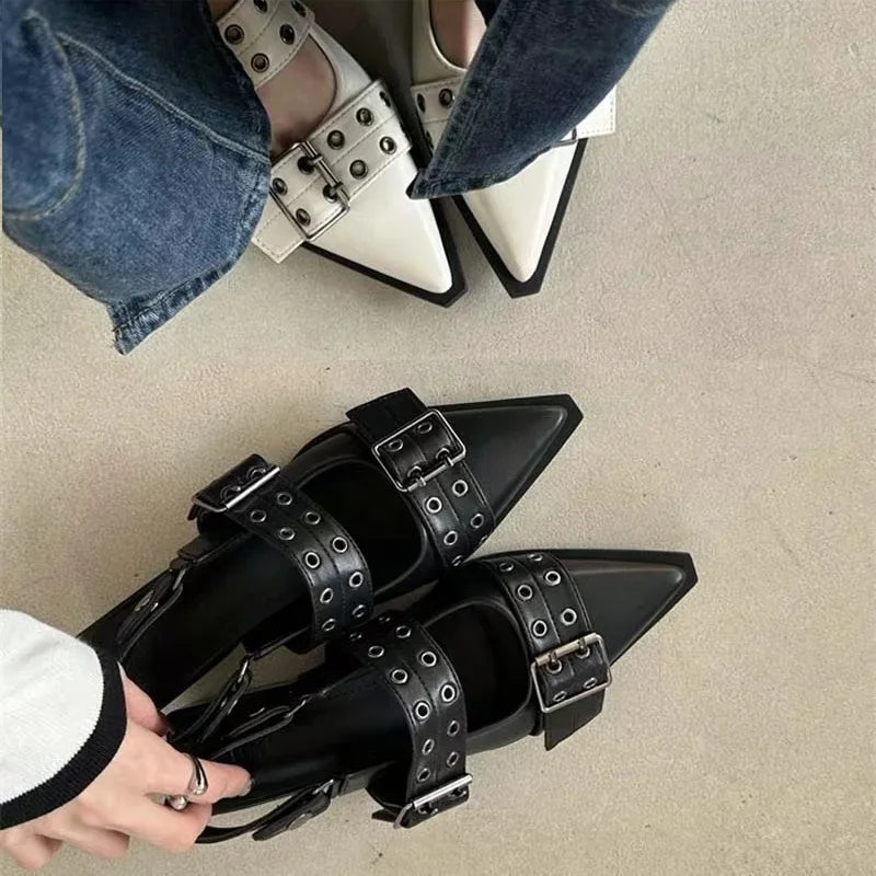 Slingback Shoes Gothic Chunky Heels Women's Pumps Rivet Street Style Medium Heel Punk Vintage Casual Sandals Spring Summer 2024 ShopOnlyDeal