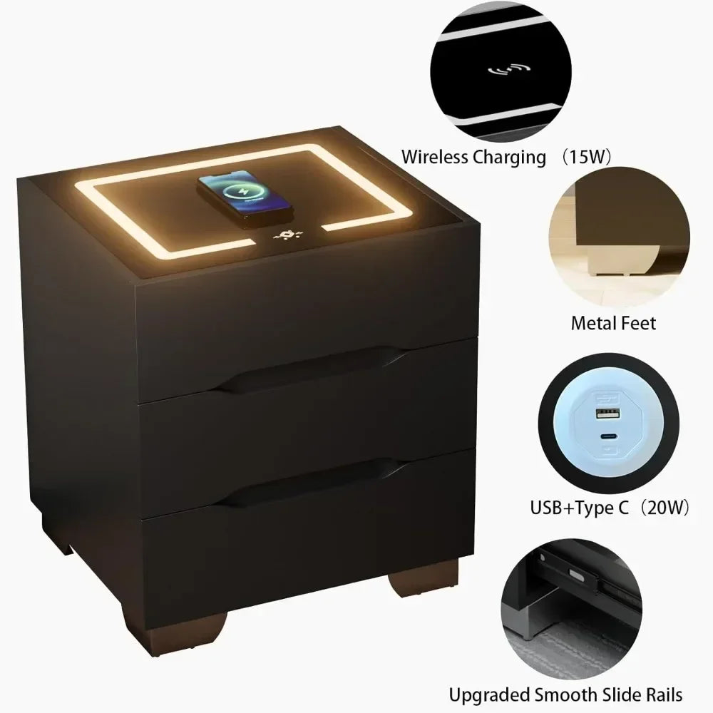 Nightstands Bedside Table with LED Lights, Charging Station and Smart Occupancy Sensor with Drawers for Bedroom Furniture ShopOnlyDeal