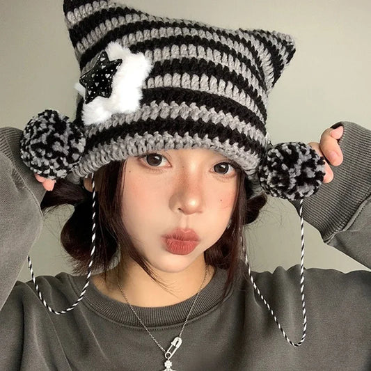 Y2K Cute Star Devil Knitted Beanie Hat Ins Skullies Striped Knitting Wool Cap Autumn Winter Cat Ears Pointed Pullover Women Hats ShopOnlyDeal