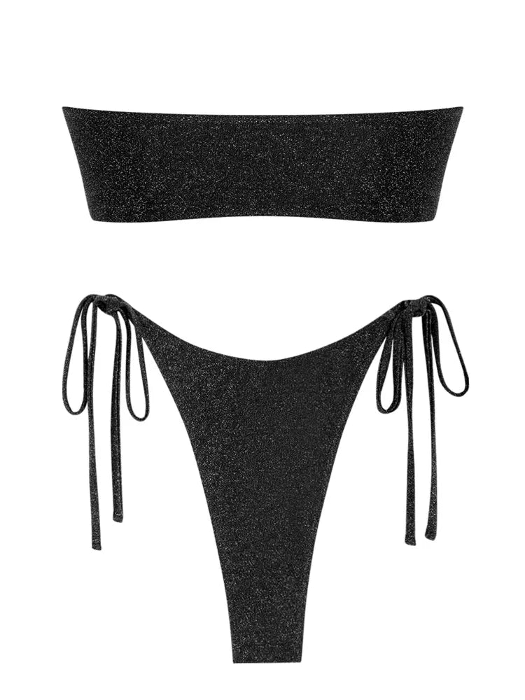 ZAFUL Solid O Ring Swimsuit For Women Tie Side Shiny Metal Hardware Ring Bandeau Bikini Swimwear Padded  Bra Top Low Waisted ZAFUL Sportwear Store