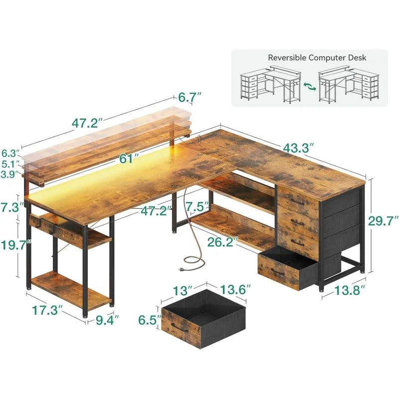 61" L Shaped Desk with Drawer, Computer Desk with Power Outlets & LED Lights ShopOnlyDeal