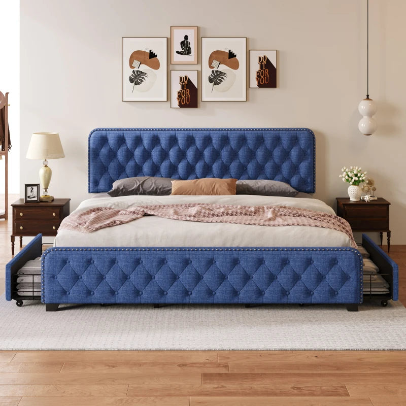 Upholstered Platform Bed with Button Tufted Headboard - Multi-Size Single Crate Frame Bed, Storage Bed with Drawers, Double Bed ShopOnlyDeal