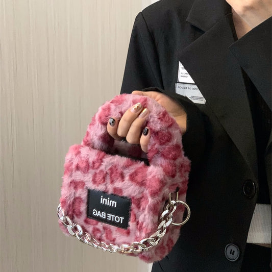 Leopard Women's Small Square Shoulder Bag Pink Winter Female Soft Plush Clutch Purse Handbags Faux Fur Girls Chain Crossbody Bag ShopOnlyDeal