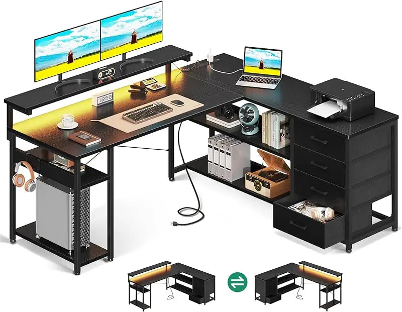 61" L Shaped Desk with Drawer, Computer Desk with Power Outlets & LED Lights ShopOnlyDeal