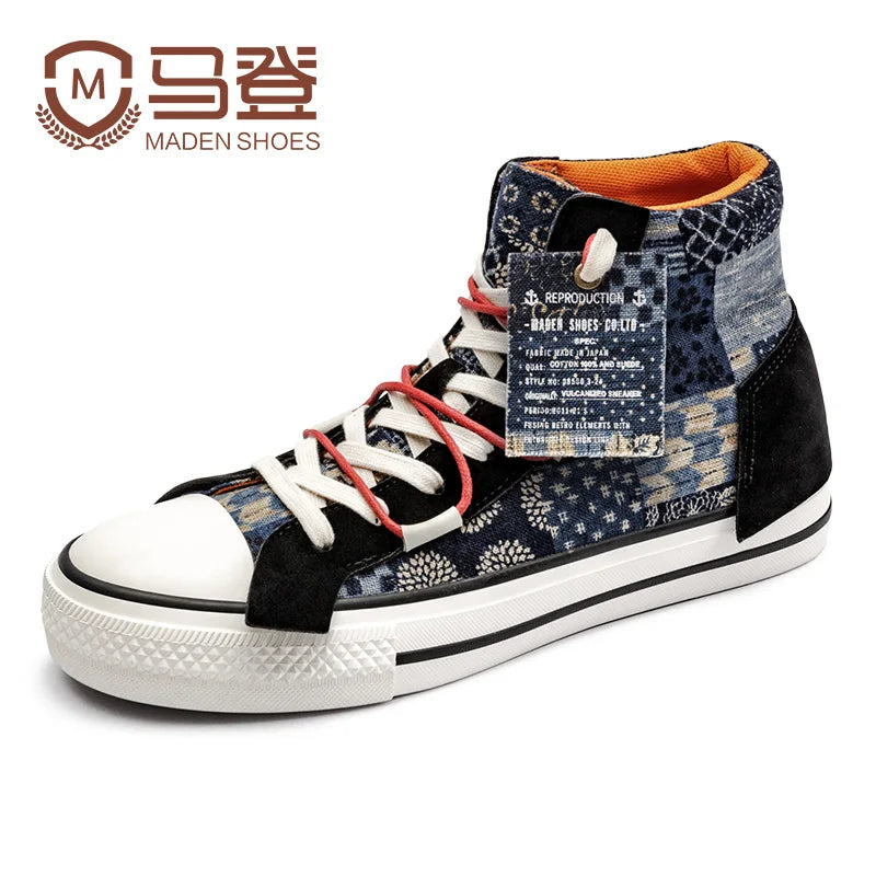 Patriotic 2024 New Retro American Flag Design | Japanese Style High Upper Canvas Shoes | Trendy Print Casual Fashion Solid Men Lace-Up Vulcanized Shoes Size 44 ShopOnlyDeal