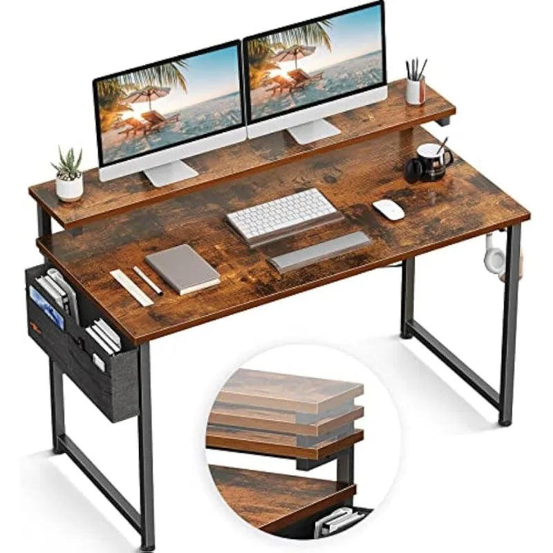 48-Inch Home Office Desk with Adjustable Monitor Shelves - Rustic Brown Writing Desk with Monitor Stand ShopOnlyDeal