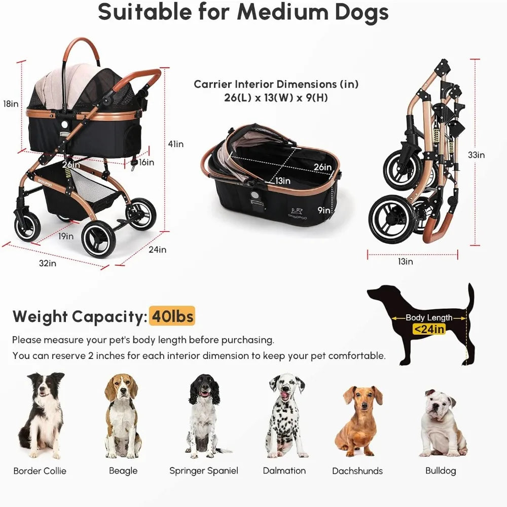 Pet Trolley 3-in-1 Pet Strollers for Small Medium Dogs Cat With Detachable Carrier Foldable Travel Pet Gear Stroller Car Dog ShopOnlyDeal