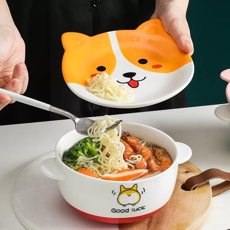 Ceramic Ramen Bowl with Lid Cute Instant Noodle Bowl Salad Rice Bowls Animal Kawaii Baby Bowl Child Cartoon Kitchen Tableware ShopOnlyDeal