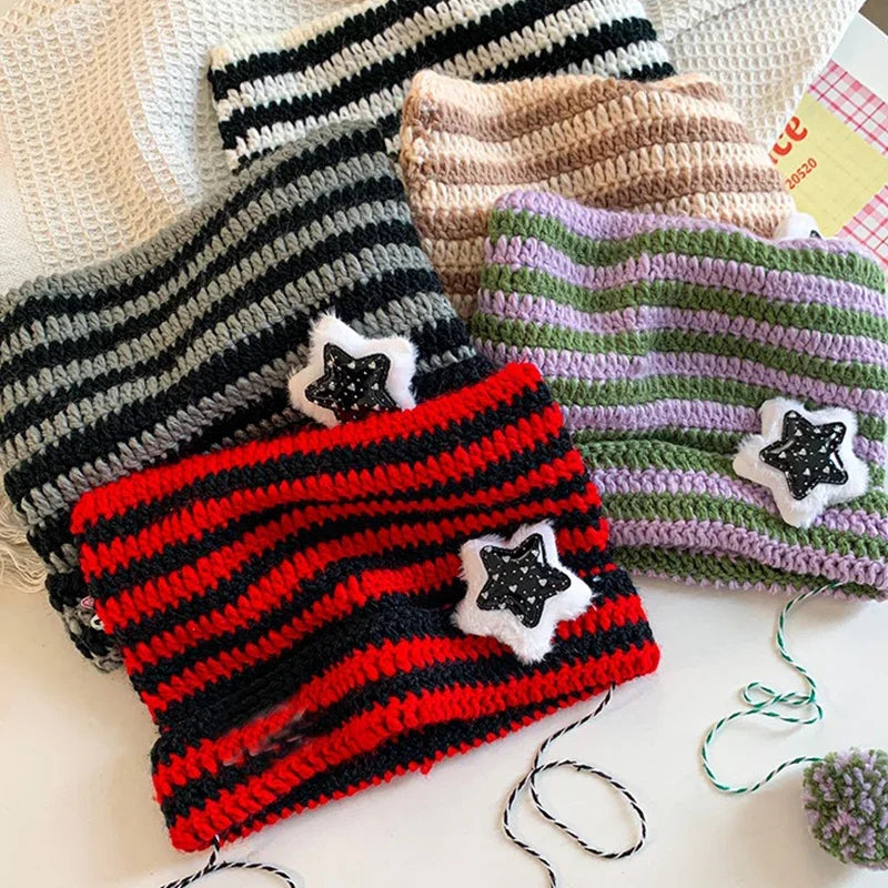 Y2K Cute Star Devil Knitted Beanie Hat Ins Skullies Striped Knitting Wool Cap Autumn Winter Cat Ears Pointed Pullover Women Hats ShopOnlyDeal