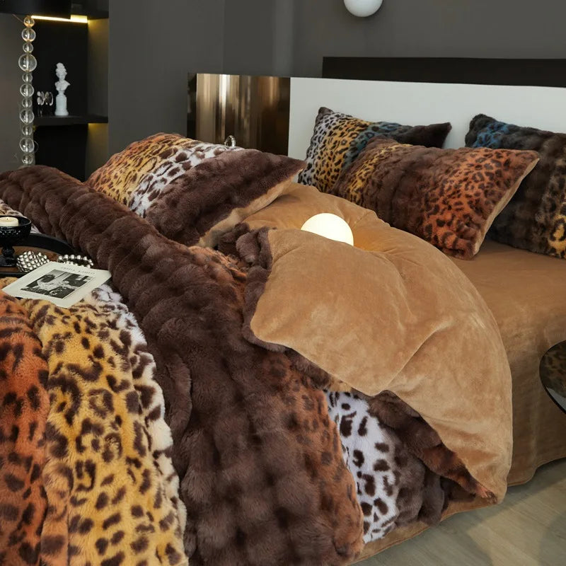 New Leopard Print Milk Fleece Plush Thickened Winter Warm Four-piece Gradient Quilt Cover Sheet Quilt Cover Blanket Bedding Set ShopOnlyDeal