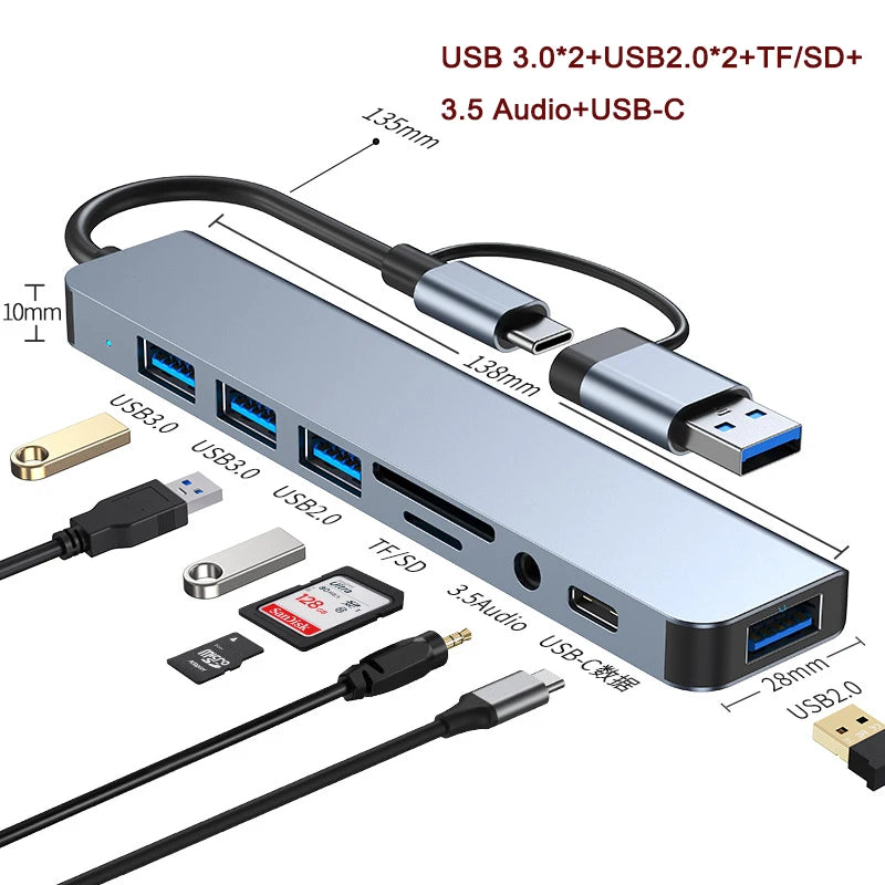 USB 3.0 5/8 Port Hub OTG Adapter 5Gpbs High Speed USB 3.0 2.0 Splitter 3.5 Audio for Xiaomi Macbook Pro Air Computer Accessories ShopOnlyDeal