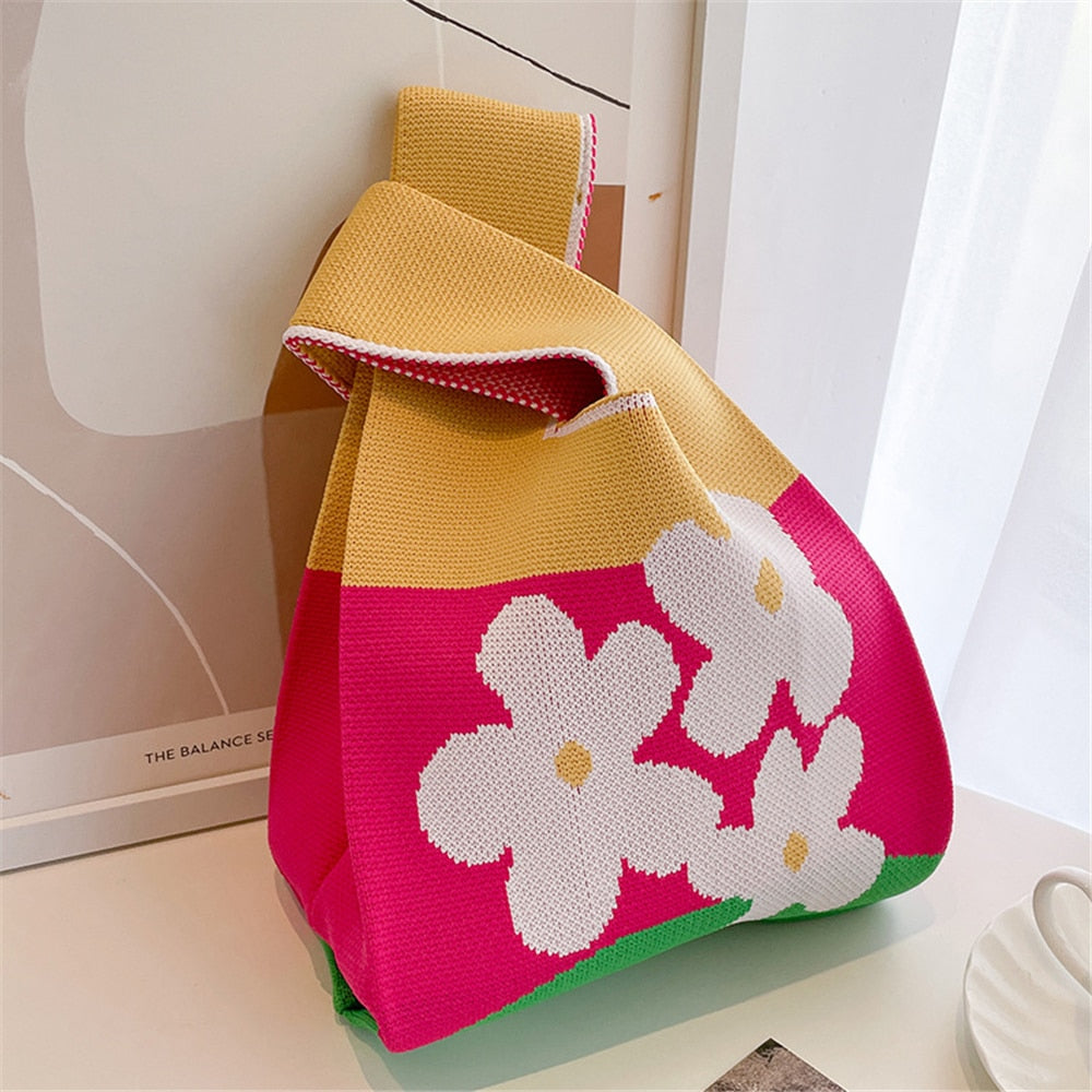 Shopping Bags Cute Flower Girls Trendy Patchwork Color Handbag Mini Tote Bag Fashion Knit Knot Wrist Bag Casual Tote for Women ShopOnlyDeal