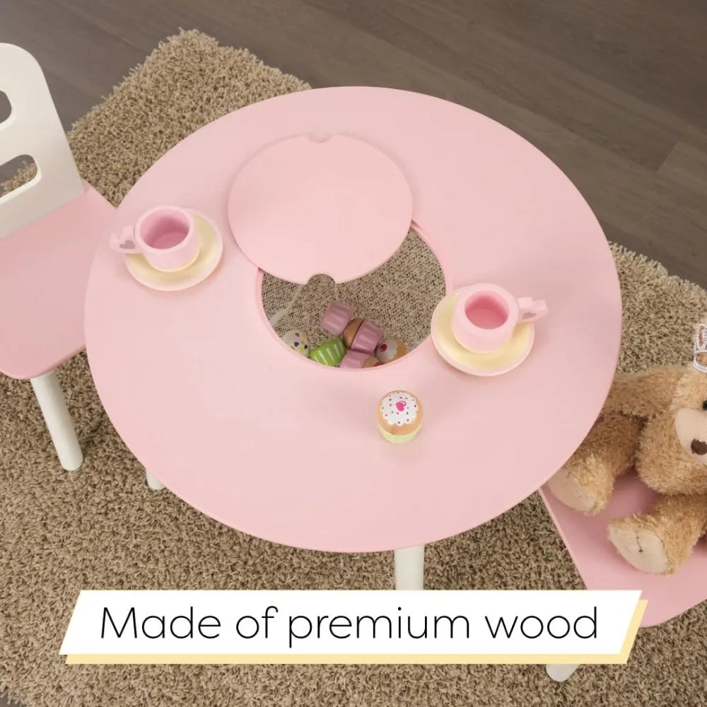 Wooden Round Table & 2 Chair Set with Center Mesh Storage for Children - Pink & White ShopOnlyDeal