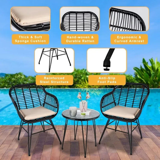 3-Piece All-Weather Wicker Conversation Bistro Set | Cozy Outdoor Patio Furniture with Table and Cushions | Ideal for Garden, Balcony, and Poolside Lounging ShopOnlyDeal