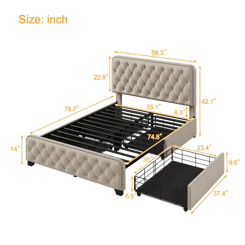 Upholstered Platform Bed with Button Tufted Headboard - Multi-Size Single Crate Frame Bed, Storage Bed with Drawers, Double Bed ShopOnlyDeal