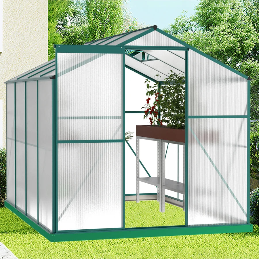 Outdoor Patio Greenhouse, Walk-in Polycarbonate Greenhouse with 2 Windows and Base,Aluminum Greenhouse with Sliding Door Green ShopOnlyDeal