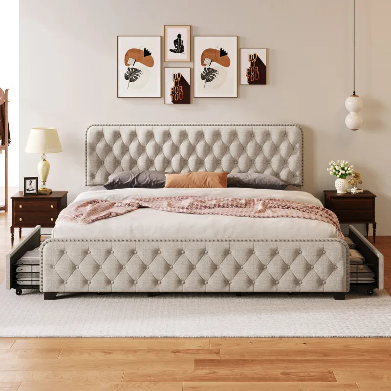 upholstered platform bed, multi-size, button tufted headboard, single crate frame bed, storage bed with drawers, double bed ShopOnlyDeal