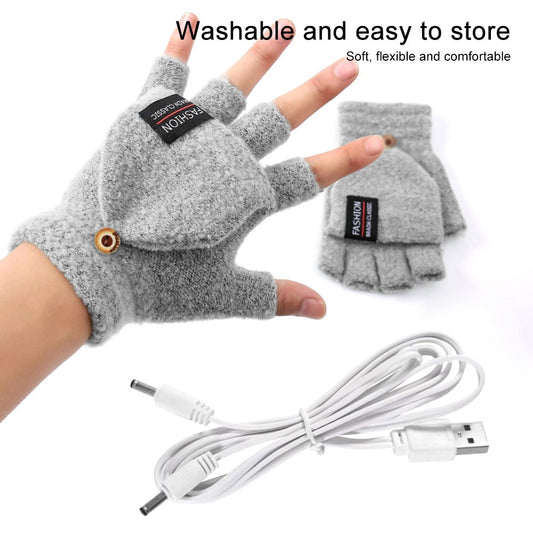 USB Electric Heated Gloves Cute One-Side Fingered Knitted Mittens Adjustable Heat Portable Hand Warmer Gloves Adjustable Warmers Cold Weather Heater Clothes ShopOnlyDeal
