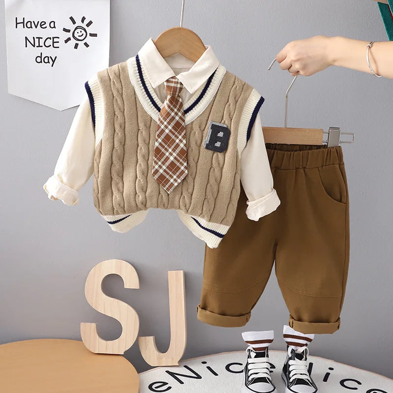 2023 Baby Boys Clothing Kids Sweater 3pcs Set Children  Cardigan Vest Long Sleeve Shirts Jeans Pants Boys Clothes Boys Outfit ShopOnlyDeal