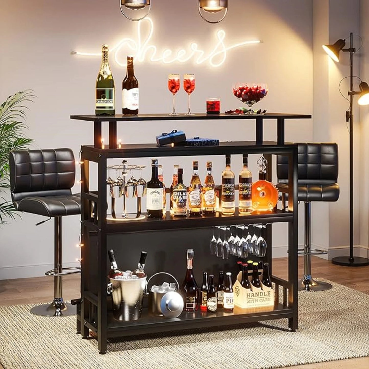 Tribesigns Home Bar Table Unit with 3 Tier Storage Shelves, Small Mini Bar Counter with Front Upholstered and Metal Footrest ShopOnlyDeal