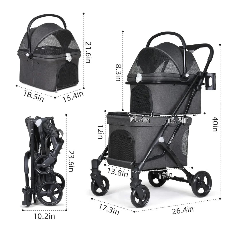Lightweight Foldable Double Pet Stroller | Detachable Carrier for 2 Small Cats or Dogs | Ideal for Travel & Camping ShopOnlyDeal