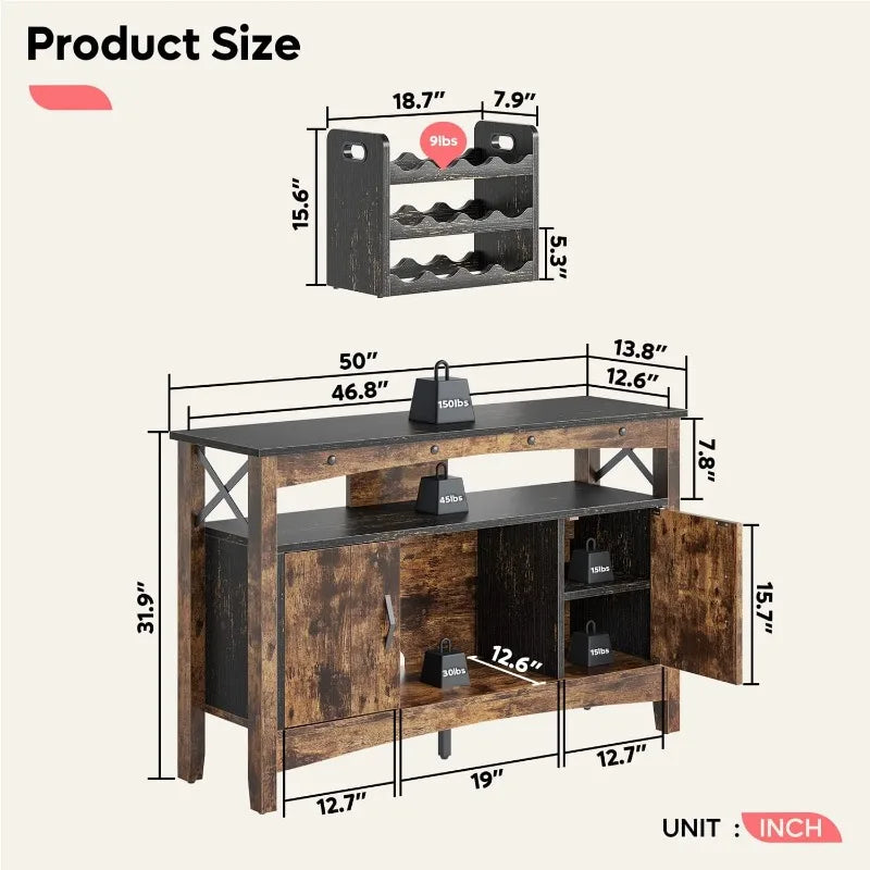 Wine Bar Cabinet with Detachable Wine Rack Insert, Farmhouse Coffee Bar Sideboard with LED Lights,Wood Entryway Console ShopOnlyDeal