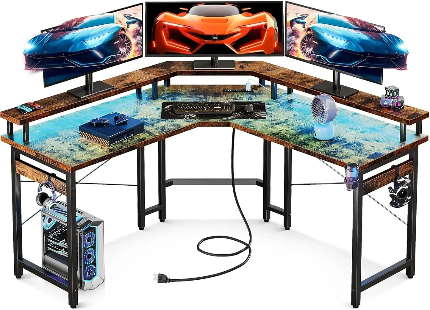 Gaming Powerhouse: 51" L Shaped Gaming Desk with LED Lights, Full Monitor Stand, and Integrated Power Outlets - Corner Desk with Cup Holder for Ultimate Gaming Setup ShopOnlyDeal