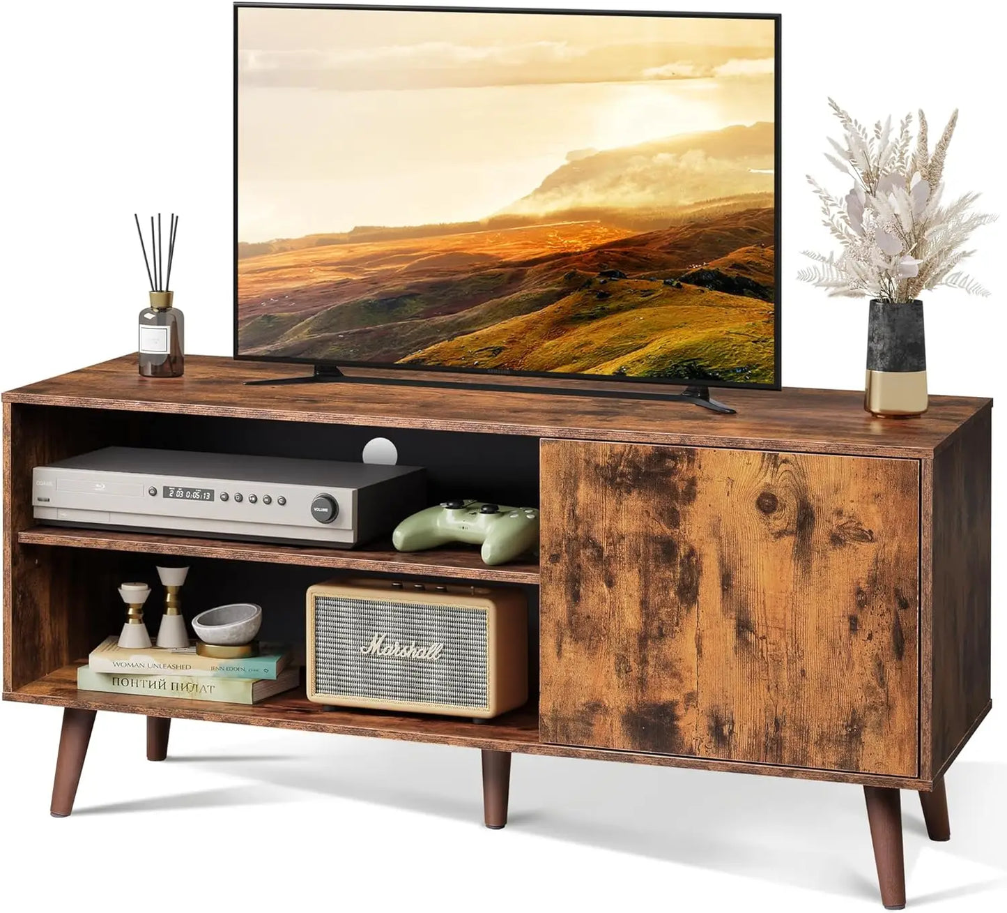 Mid-Century Modern TV Stand for 55" TV, Entertainment Center with Storage, Open Shelves TV Console for Living Room and Bedroom ShopOnlyDeal